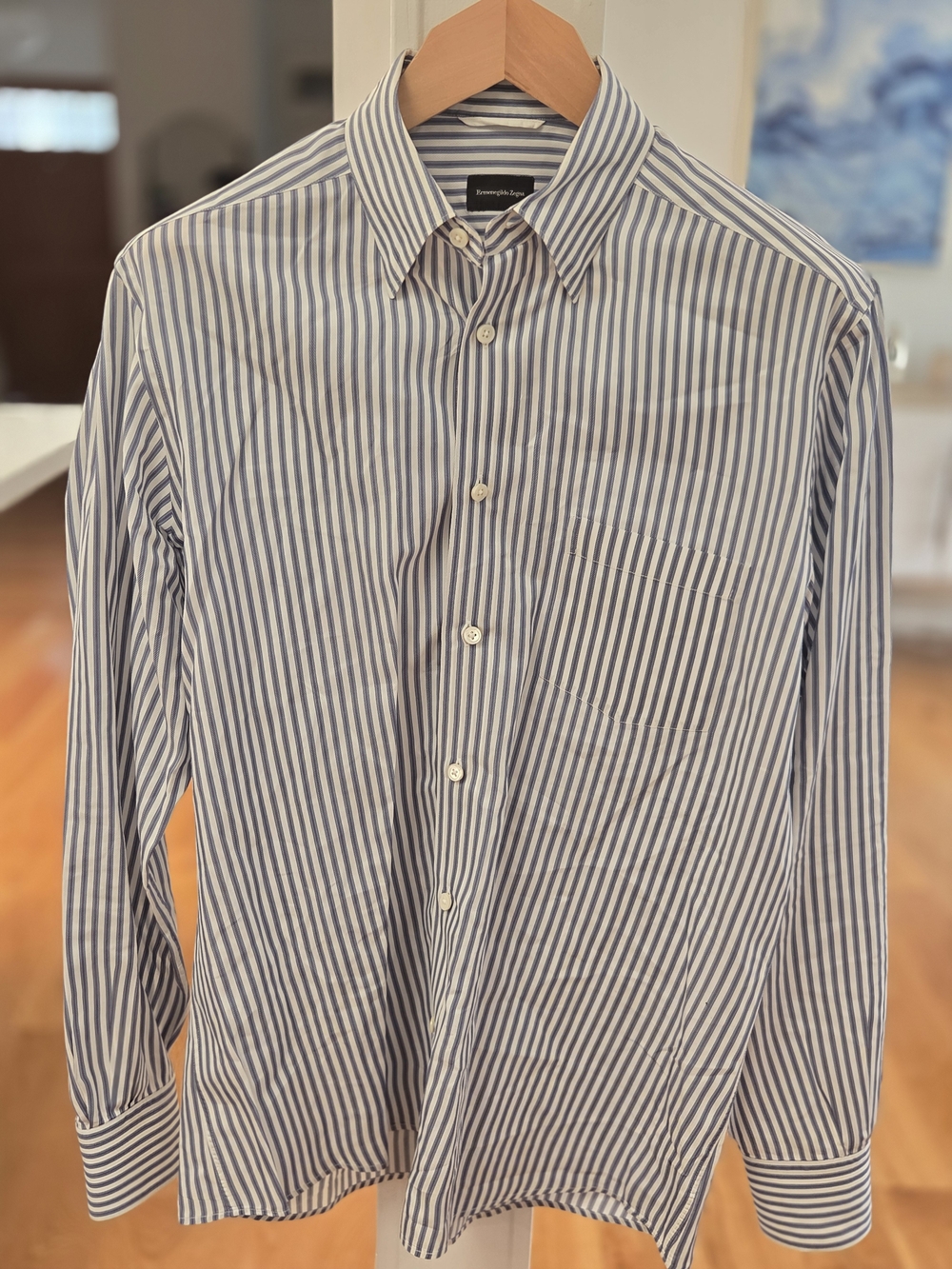 Ermenegildo Zegna Mens Blue and White Striped Hidden Button Down Dress Shirt (L)